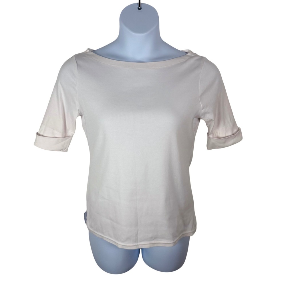 Ralph Lauren L White Boat Neck Short Sleeve Cuffed Knit Top Minimalist Preppy